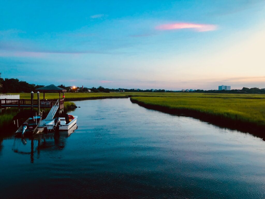 Waterway canal with boat and dock